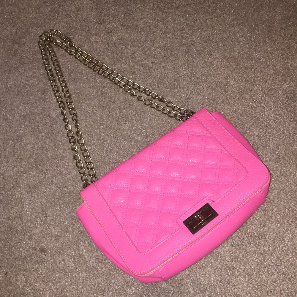 New York & Company Quilted Hot Pink Crossbody Bag with Gold Chain